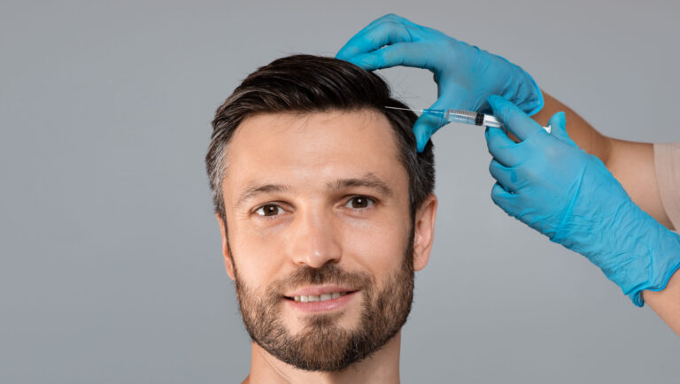 Handsome young man getting hair treatment at Medspa, grey studio background. Smiling man having PRP hair restoration session at beauty salon, therapist hand in protective glove making injection with syringe
