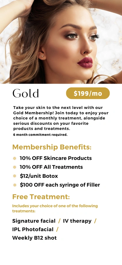 Gorgeous woman with flawless skin models the Gold Membership for skincare, Botox, and filler in McLean.