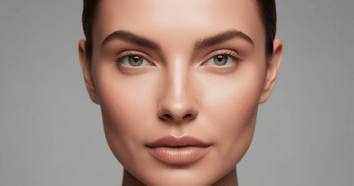 Close-up of a person with smooth skin, light eyes, and natural makeup, facing forward against a plain background.