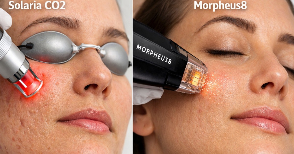 Split image showing two facial treatments: left side uses a CO2 laser on reddened skin with protective goggles; right side shows Morpheus8 microneedling device on smoother skin.