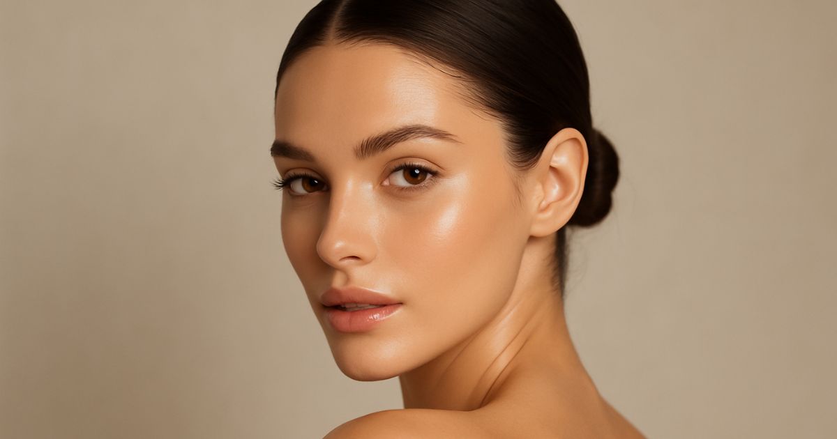 Woman with smooth, glowing skin and a defined jawline.