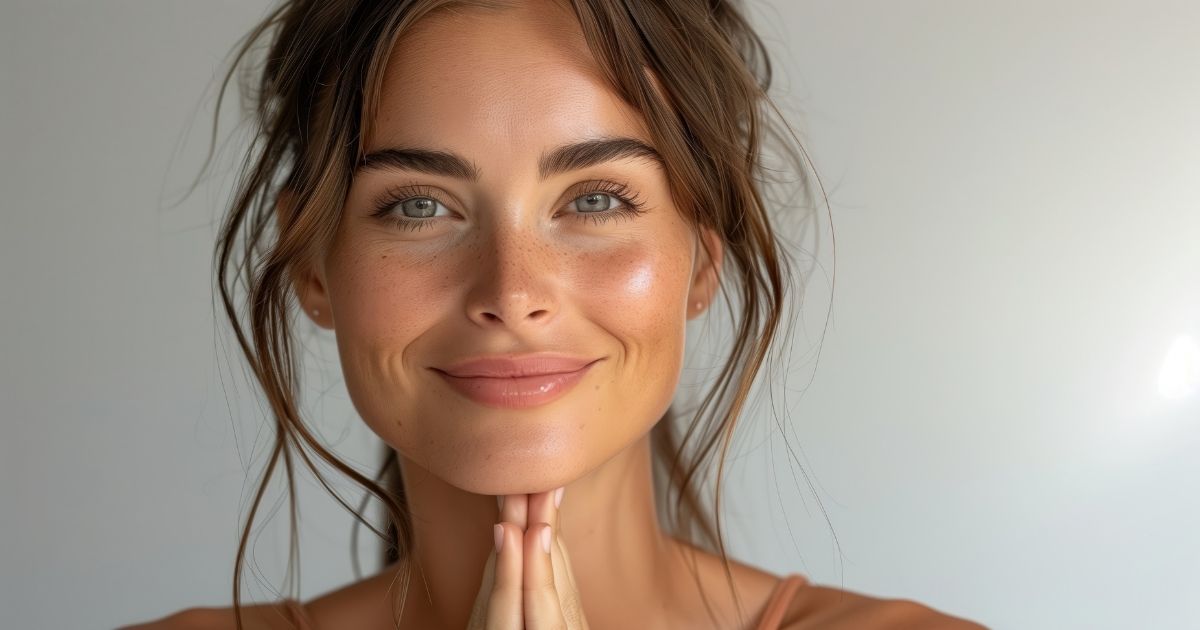 Woman with freckles smiling at camera.