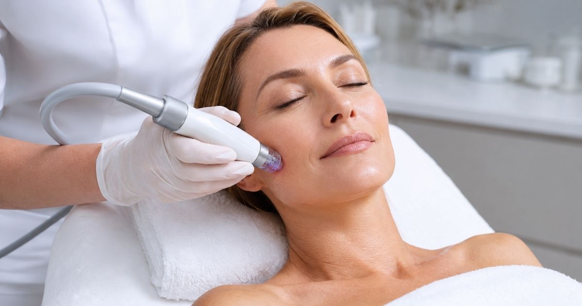 Woman receiving a facial skin treatment with a handheld device.